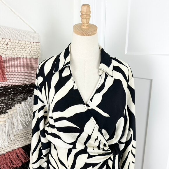 H&M Long Sleeve Floral Collared Mini Wrap Dress Beige/Black Size M - Picture 2 of 9